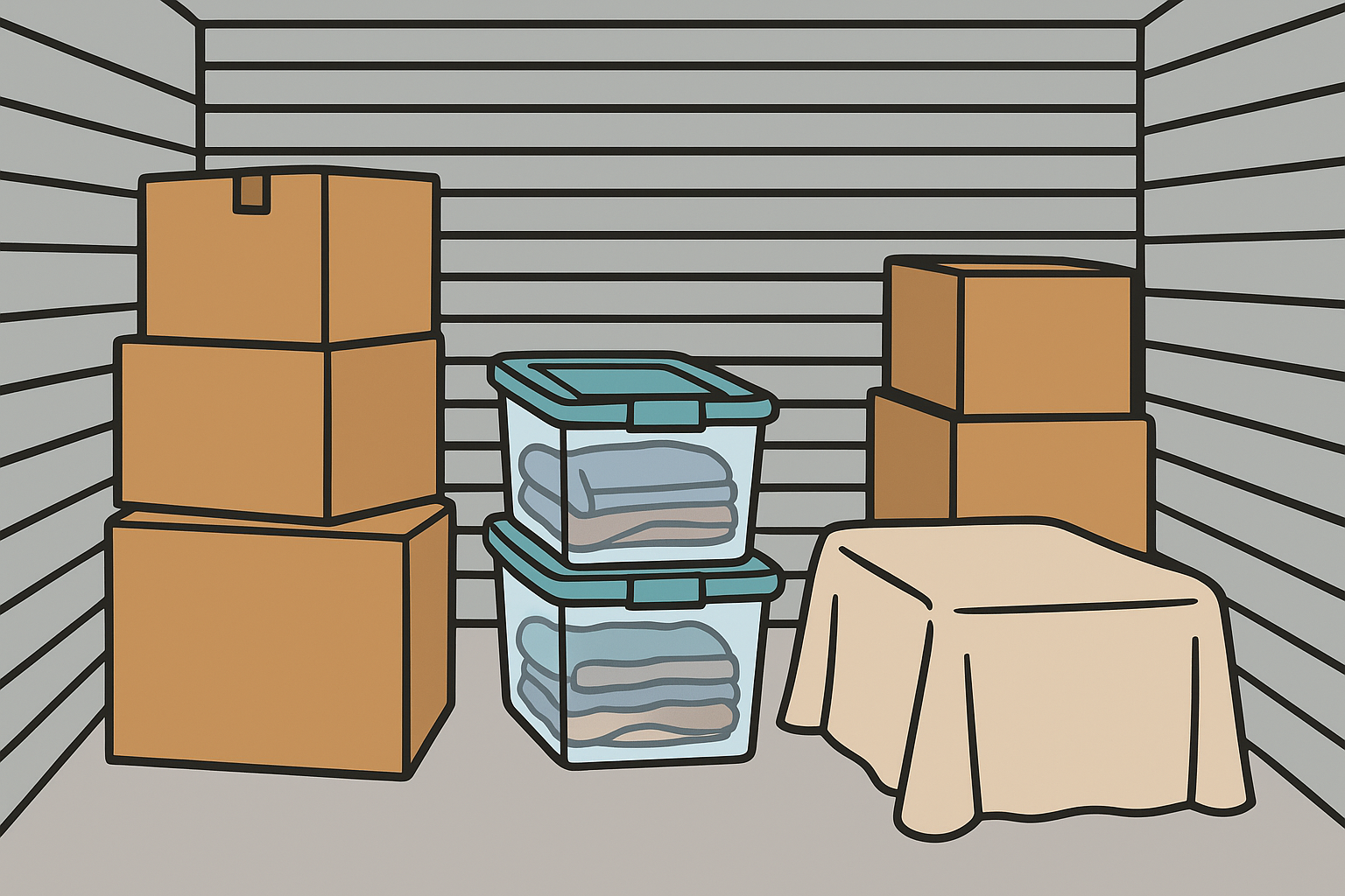 Well-organized storage unit with boxes spaced for airflow to prevent mold and mildew