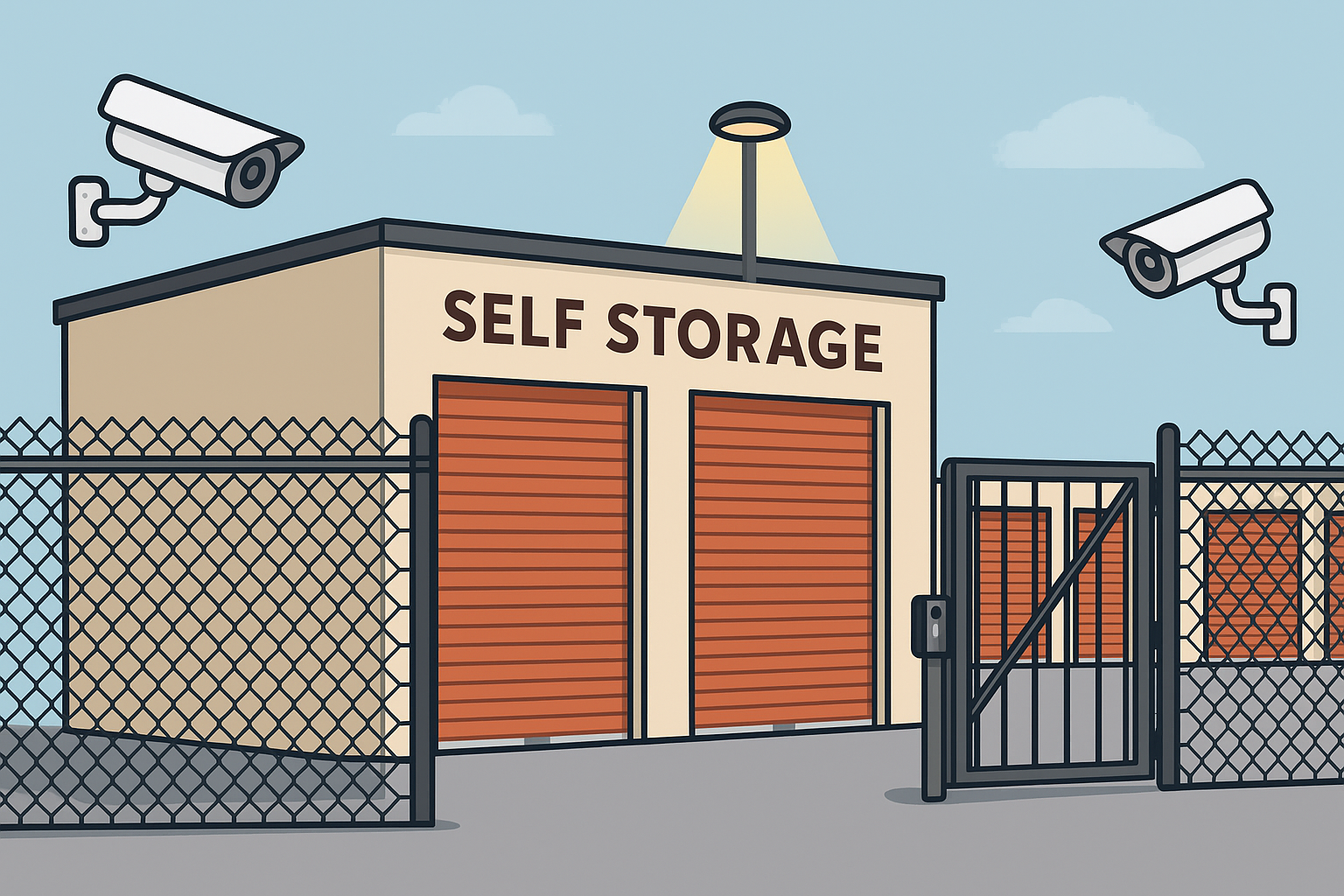 A secure self-storage facility with fencing, gate, and cameras
