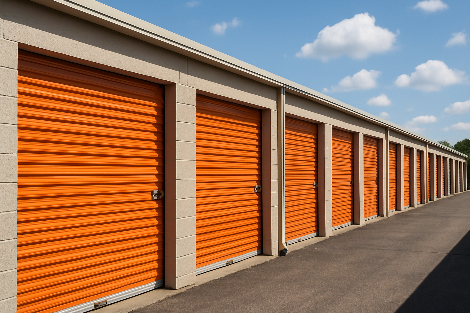 Storage units in summer heat with orange doors and blue sky