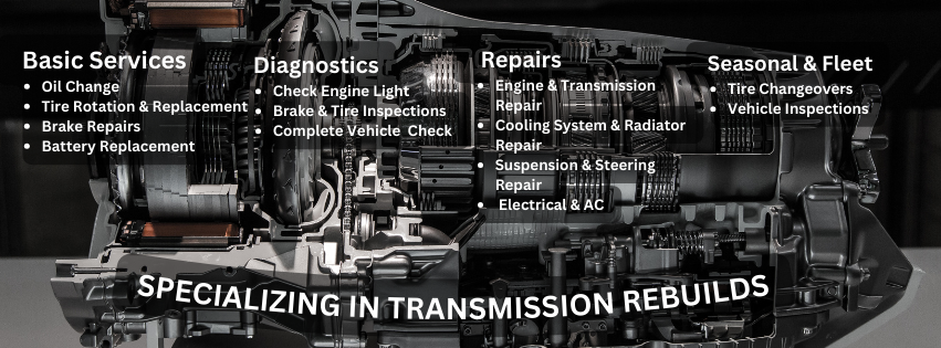 A black and white photo of a transmission that says specializing in transmission rebuilds
