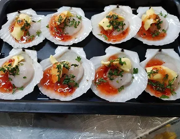 Eight Cooked Scallops on Shells, Topped with Sauce, Butter — Glenmore Seafoods In Park Avenue, QLD