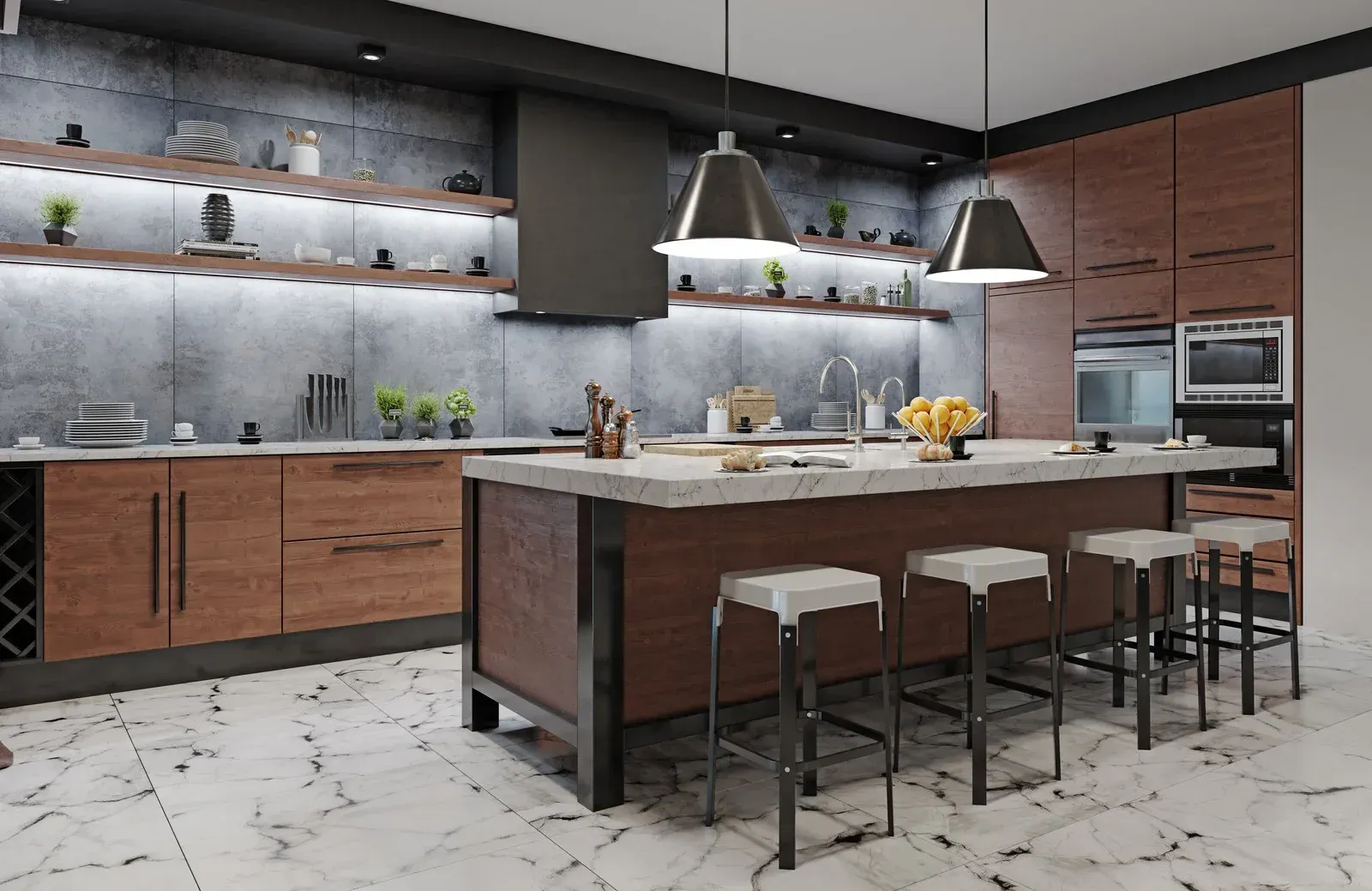 Modern kitchen with island, wooden cabinets, stainless steel appliances, and marble flooring.