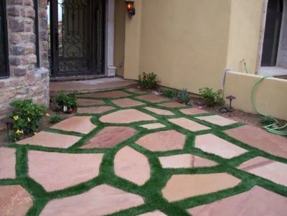 A stone walkway with a hose next to it