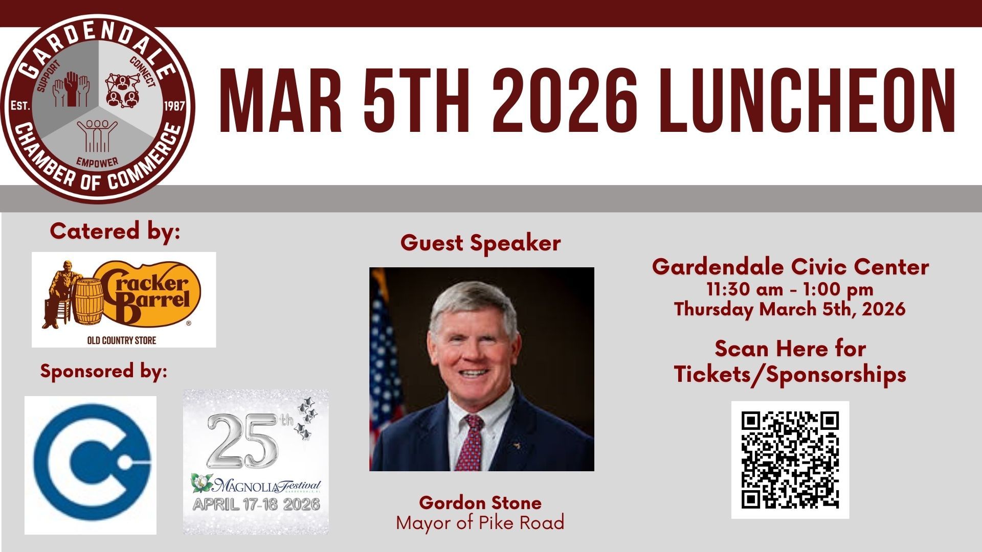 Gardendale Chamber luncheon featuring Brit Wood. November 13th at the Civic Center. Topic: Giving Back & Growing Strong.