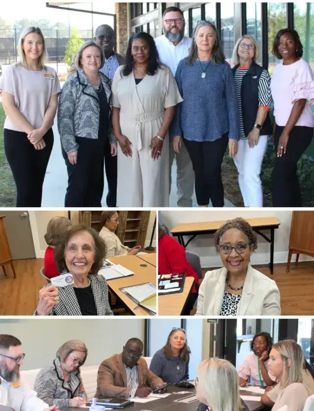 Group of people posing, smiling, and engaged in meetings. Indoors and outdoors settings.