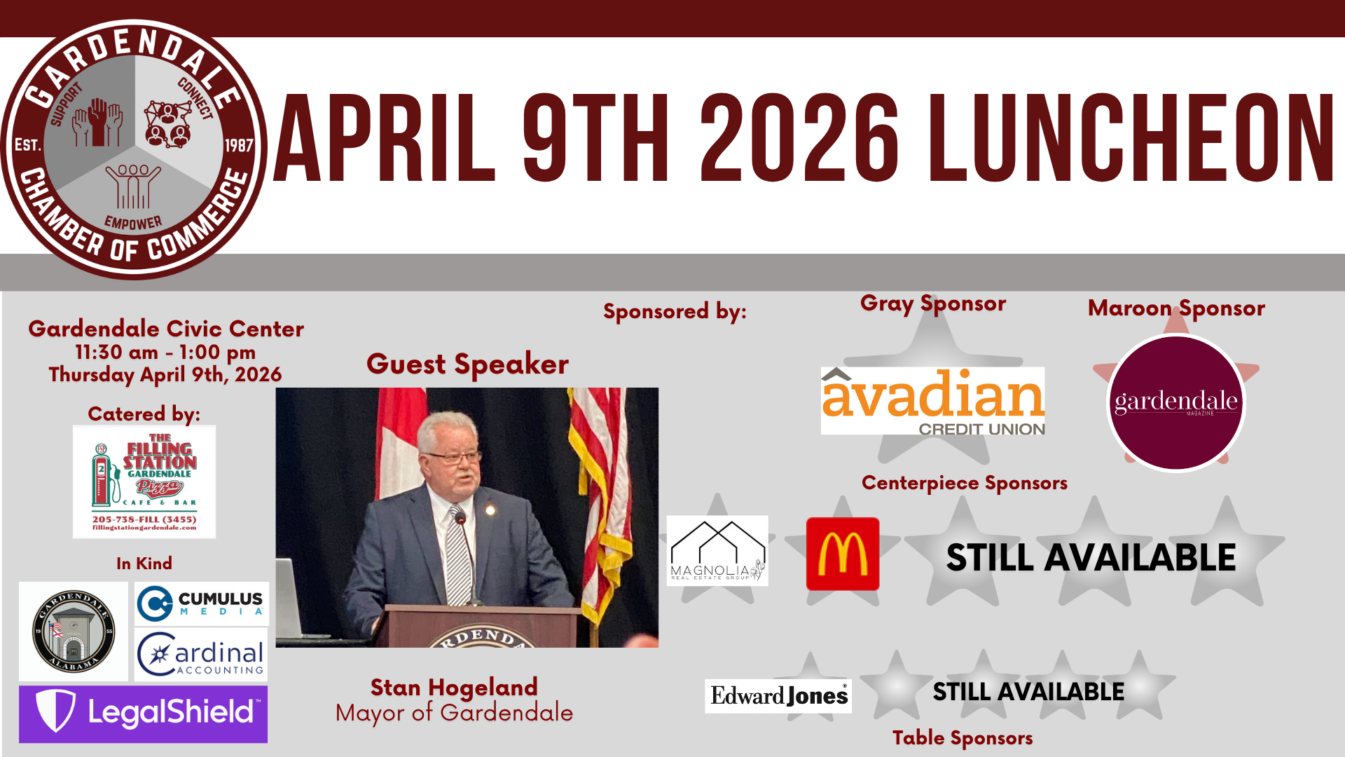 Gardendale Chamber luncheon featuring Brit Wood. November 13th at the Civic Center. Topic: Giving Back & Growing Strong.