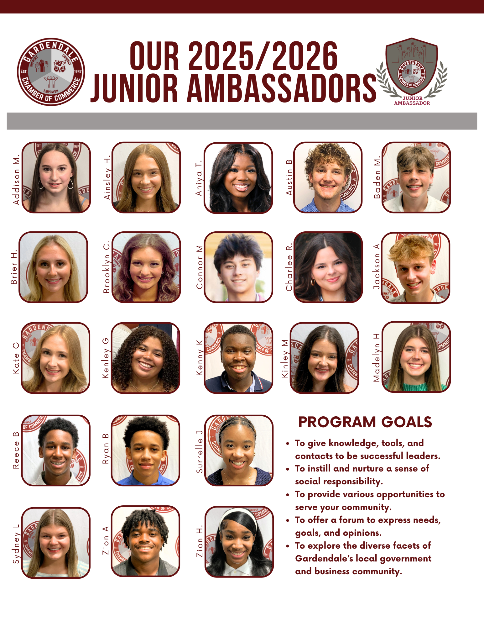 List of 25/26 Junior Ambassadors: Addison McBrayer, Ainsley Howell, etc. Decorated graphic with confetti and a