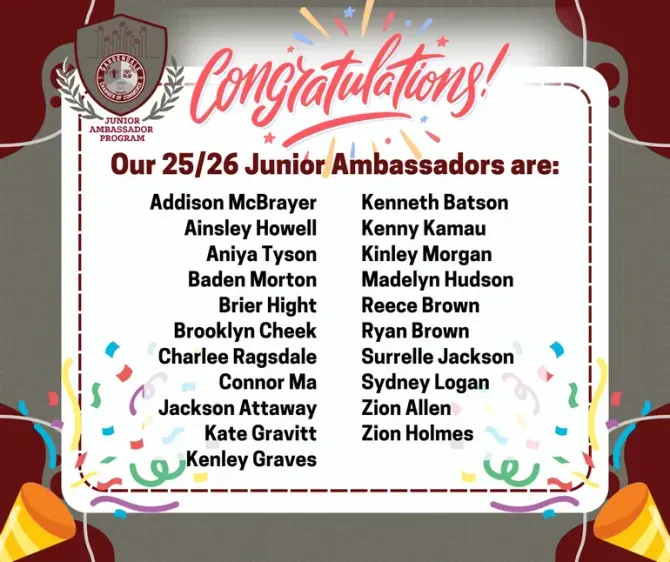 List of 25/26 Junior Ambassadors: Addison McBrayer, Ainsley Howell, etc. Decorated graphic with confetti and a 