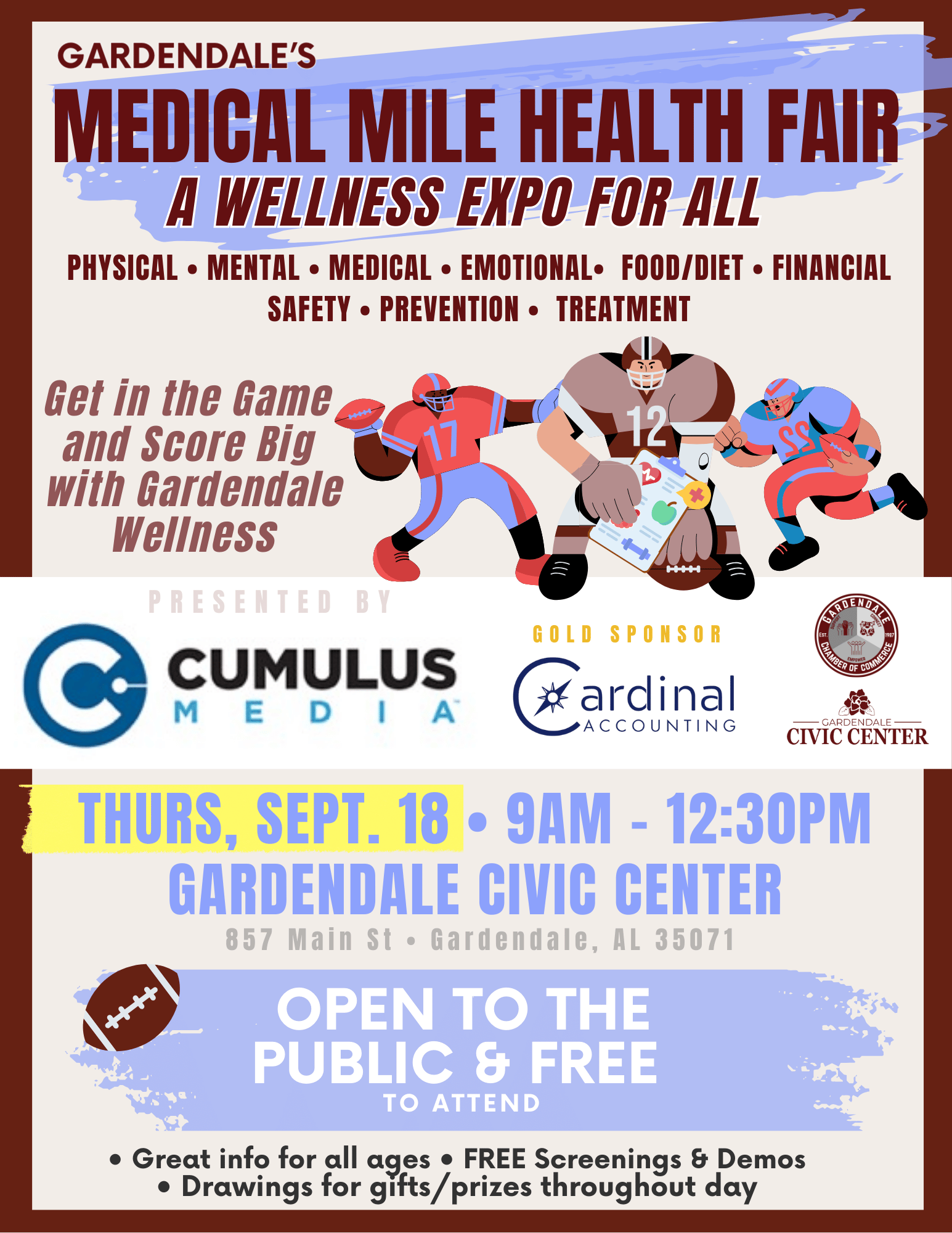 Poster: Gardendale Medical Mile Health Fair at Civic Center on Sept. 18. Wellness expo with football theme. Free & open to public.
