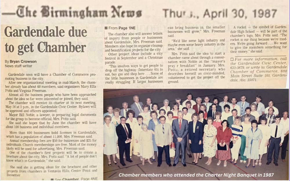 Newspaper article: Gardendale to get Chamber. Photo of group of Chamber members in 1987.