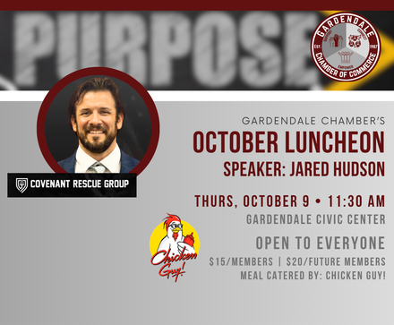 Gardendale Chamber luncheon: Jarod Hudson speaking on October 9th, 11:30 AM at Gardendale Civic Center. Open to all.