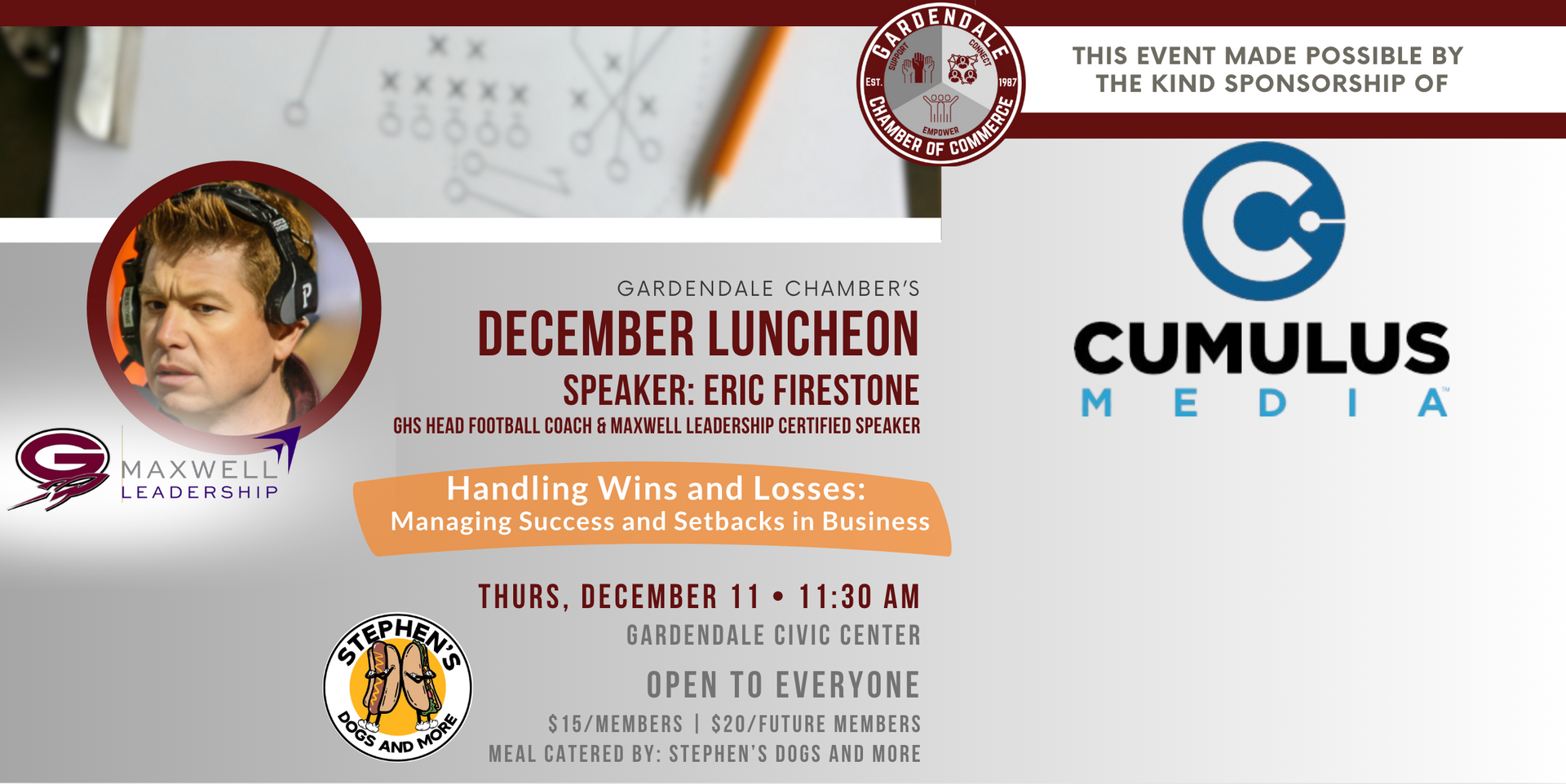 Gardendale Chamber luncheon: Eric Firestone, football coach, speaking on managing success and setbacks, Dec. 11 at Gardendale Civic Center.