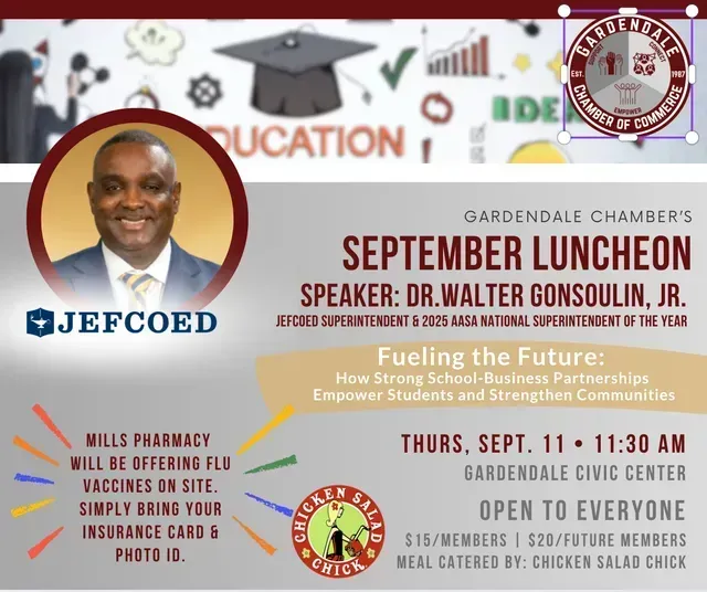 Flyer: Gardendale Chamber luncheon with Dr. Gonsoulin speaking at Gardendale Civic Center. Wills Pharmacy offers flu vaccines.
