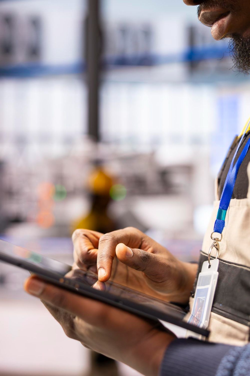 Man using tablet, inside a workshop. He is wearing overalls and an ID badge.