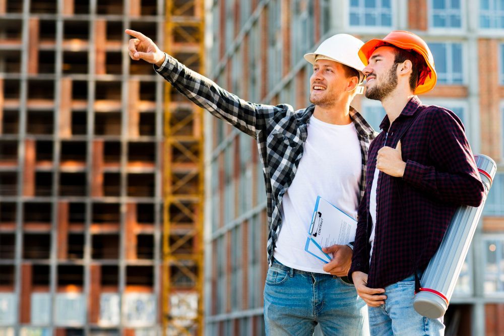 Two construction workers in hard hats on a construction site; one points, the other looks up.