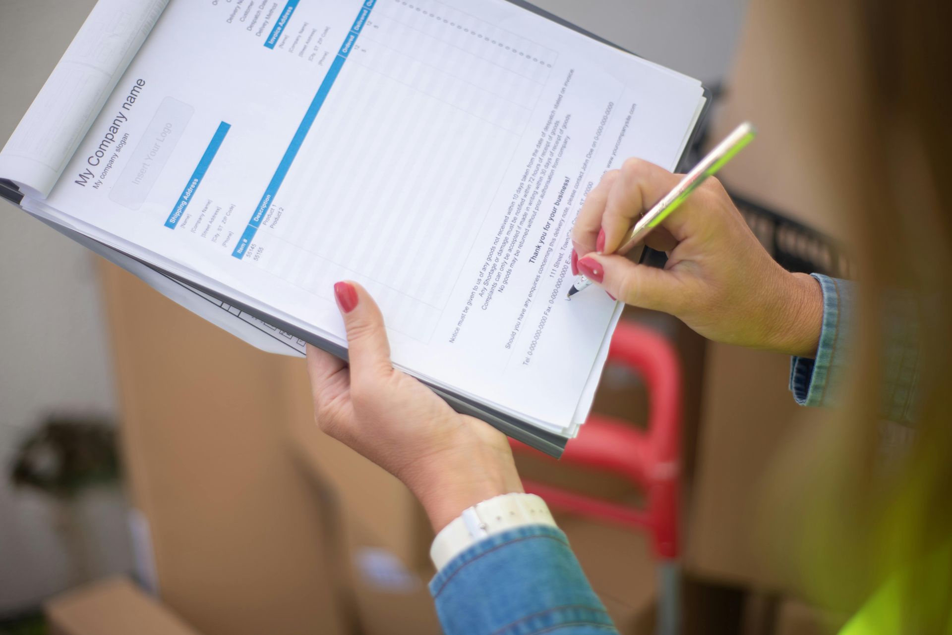 Woman in denim writes on a clipboard, surrounded by boxes.