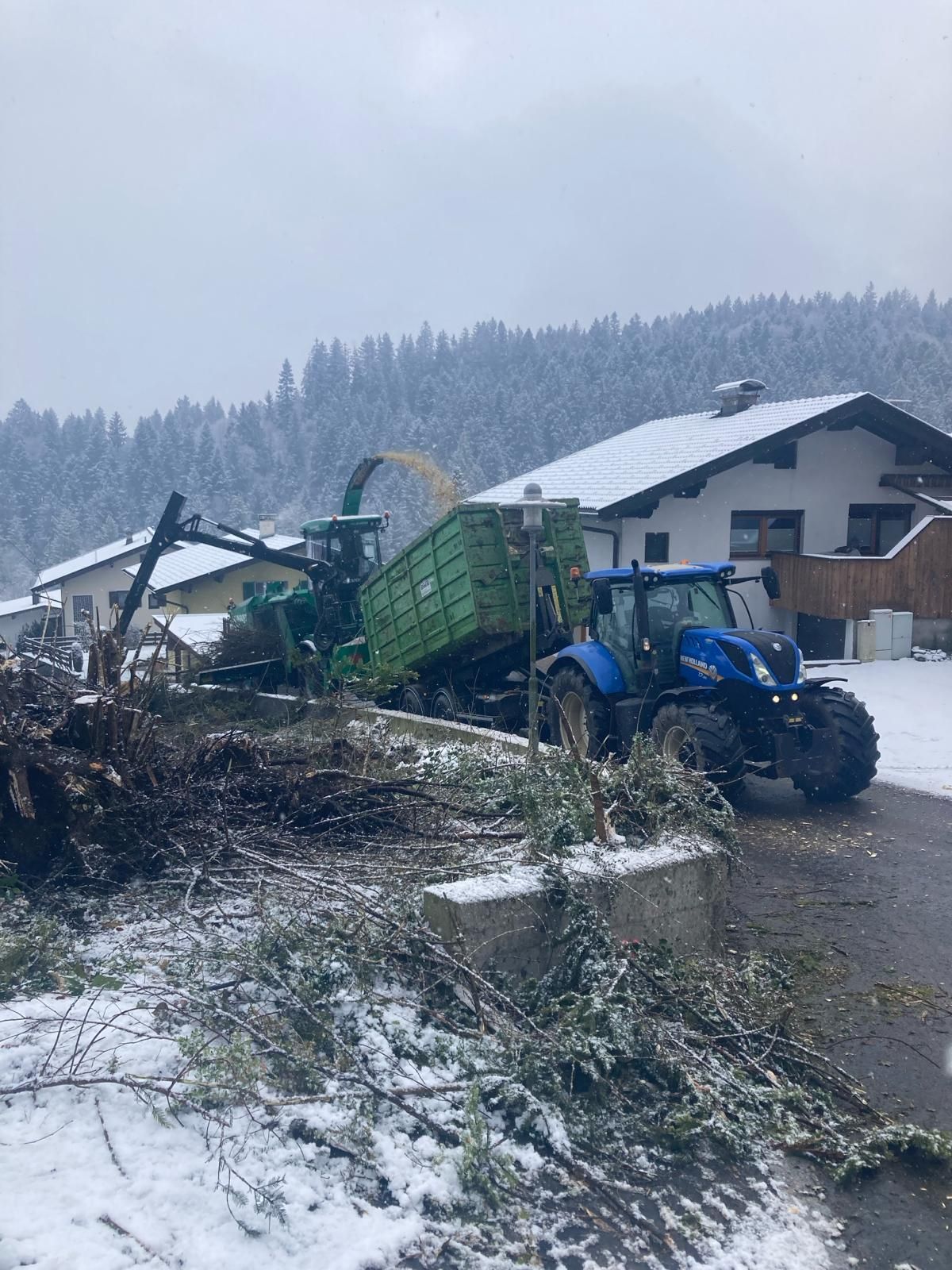Ein blauer Traktor lädt Holz in einen grünen Anhänger.