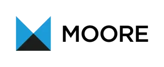 The moore logo is a blue and black triangle with a m on it.