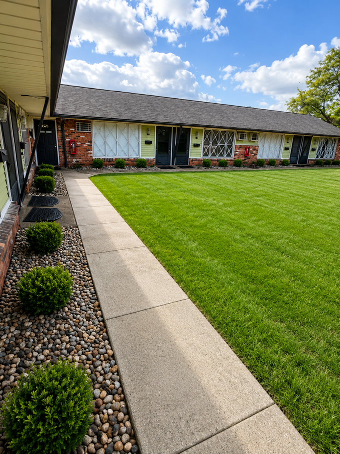 Apartment courtyard with green lawn, concrete path, and flower bed by a row of colorful doors and windows