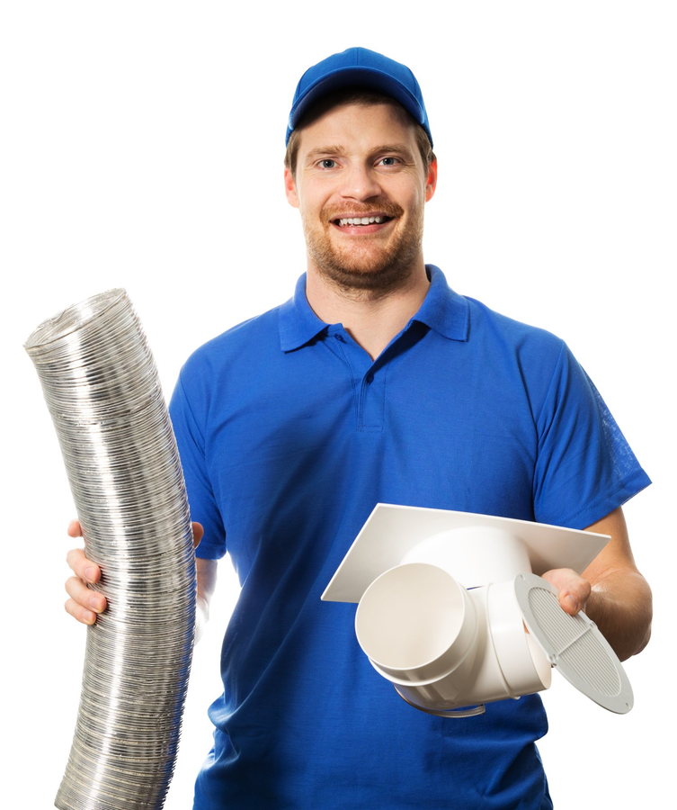 worker in blue uniform with ventilation system equipment in hands on white