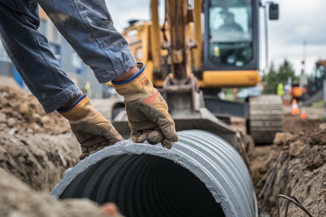A man is standing next to a large pipe in the dirt.
