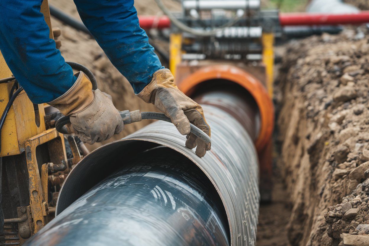 A man is working on a pipe in a trench.