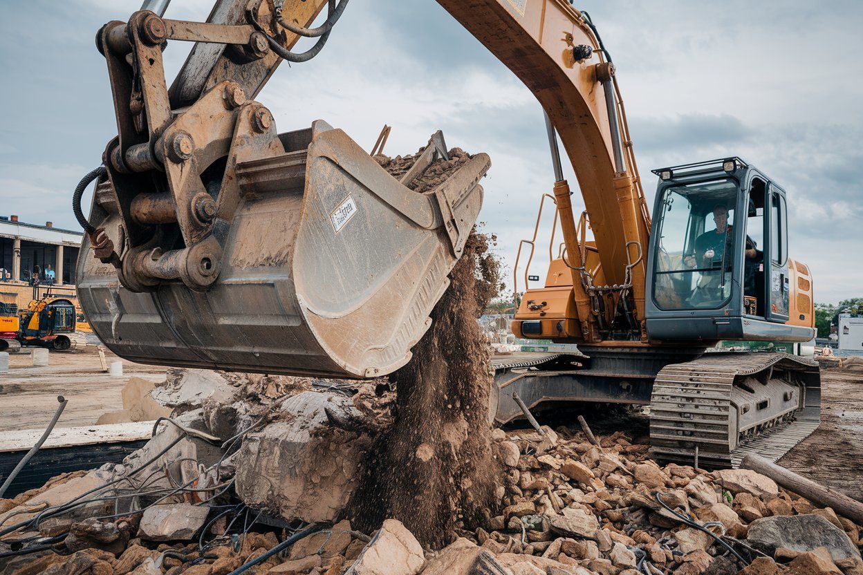 A bulldozer is digging a hole in the ground at a construction site.