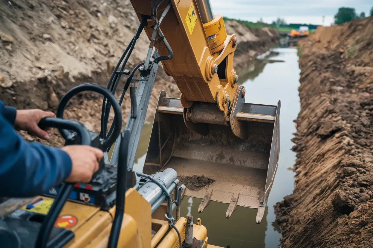 A man is driving a bulldozer in a trench.