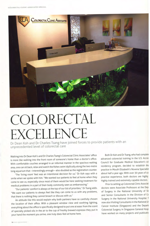 Dr. Koh and Dr. Tsang of Colorectal Clinic Associates featured by The Quarterly magazine 2012 (Singapore)