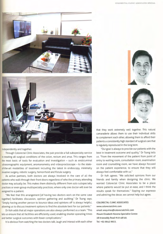 Dr. Koh and Dr. Tsang of Colorectal Clinic Associates featured by The Quarterly magazine 2012 (Singapore)