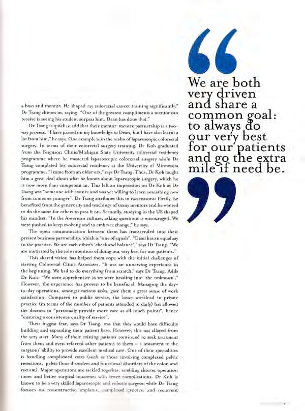 Colorectal surgeons Dr. Koh and Dr. Tsang at The Quarterly magazine 2013 (Singapore)