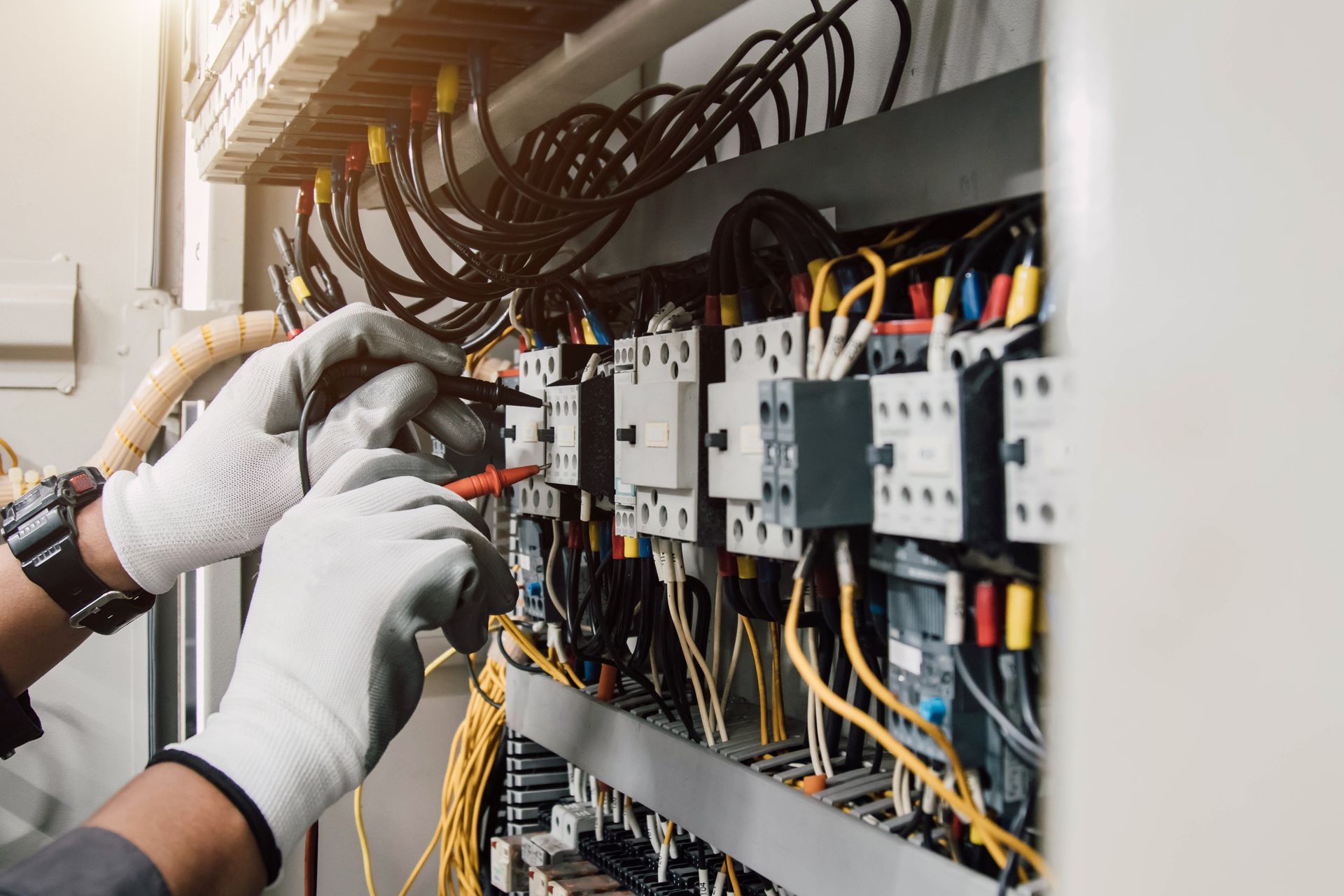 An electrician is working on an electrical panel in a control room.