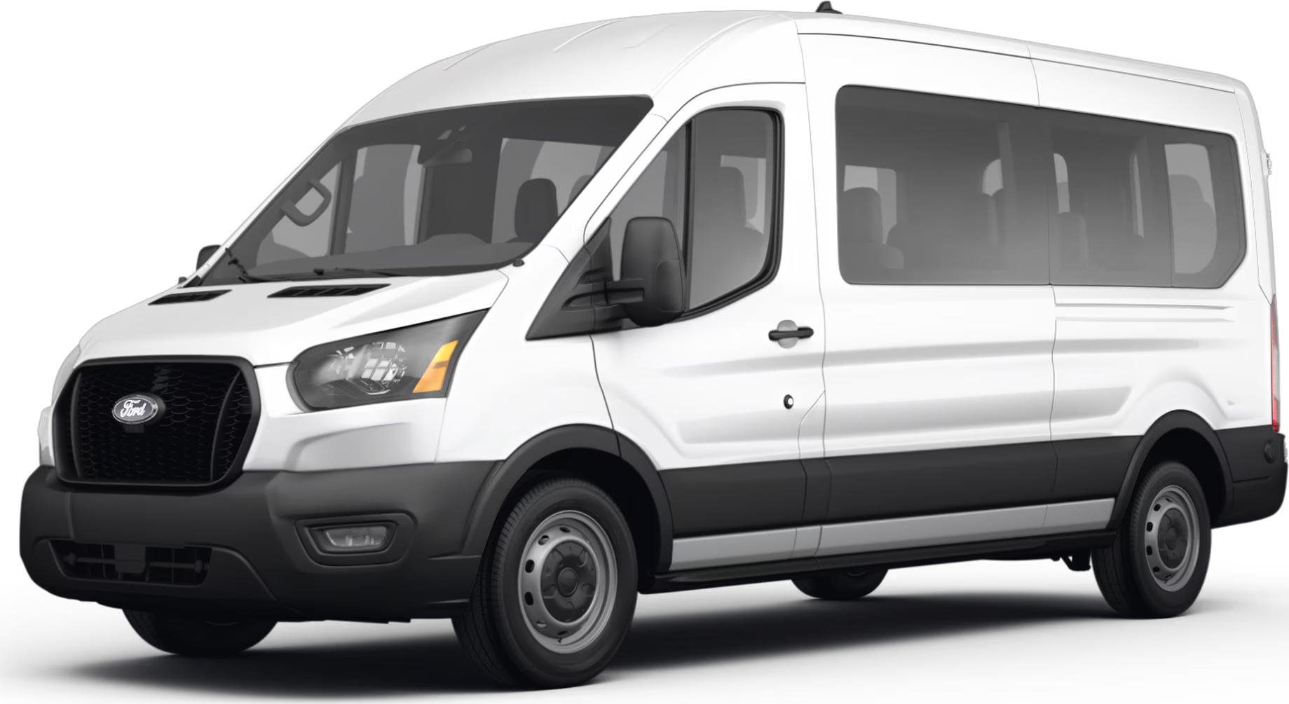 A white ford transit van is shown on a white background.