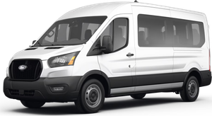 A white ford transit van is shown on a white background.