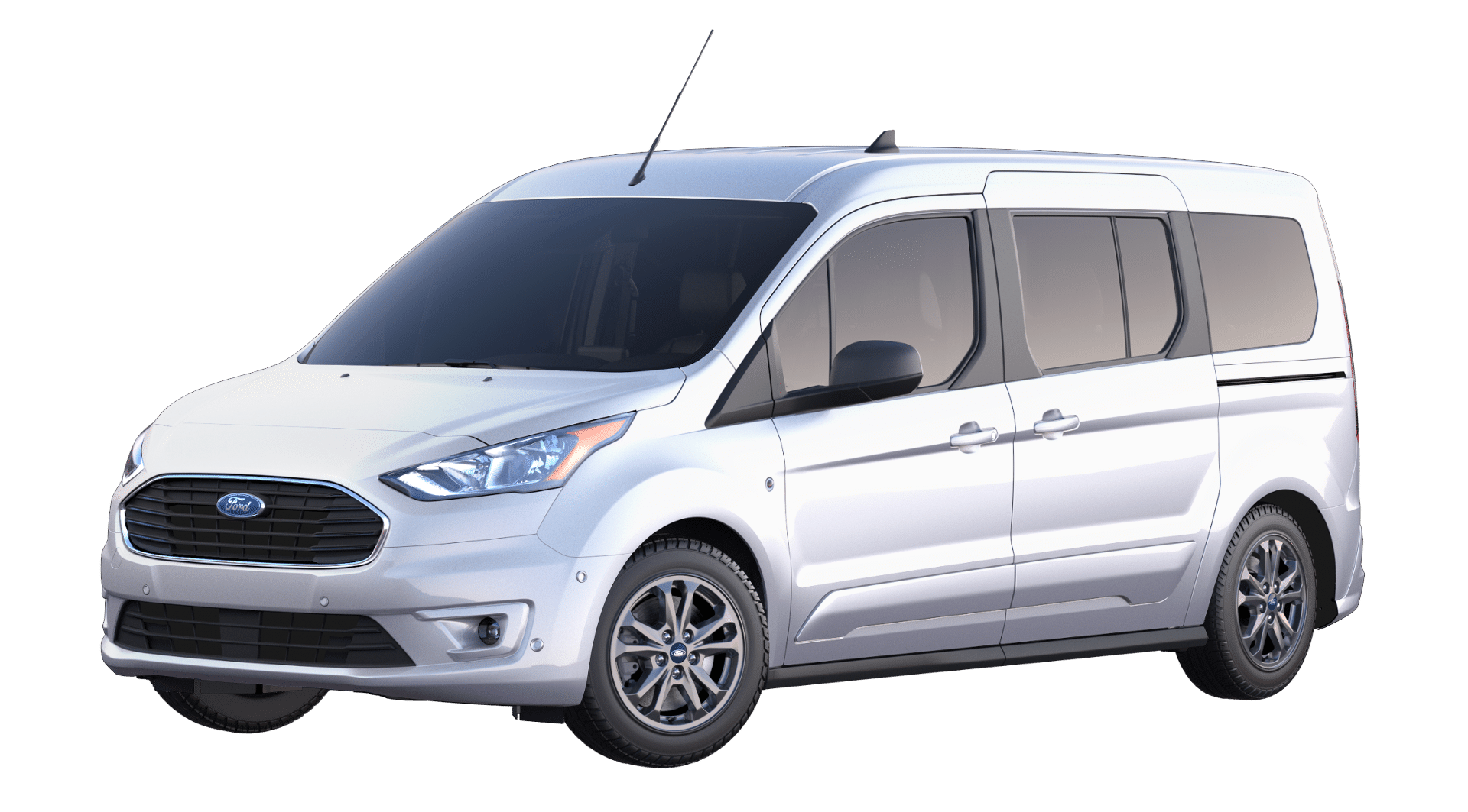 A silver ford transit connect van is shown on a white background.