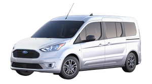 A silver ford transit connect van is shown on a white background.