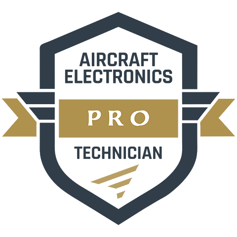 Aircraft Electronics Pro Technician badge logo in navy, gold, and white.