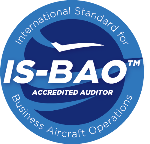 IS-BAO accredited auditor logo in blue circle with white airplane silhouette and text