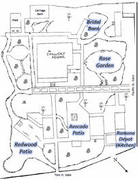 A black and white map of a garden with avocado patio in the middle