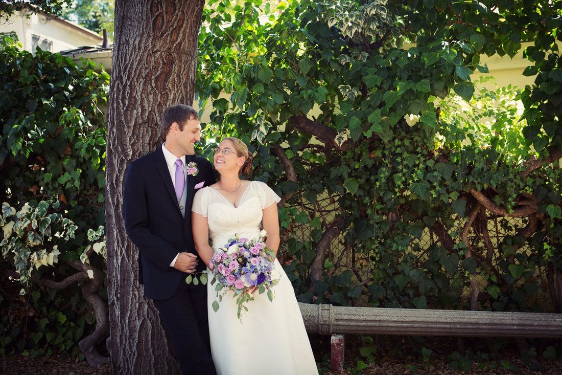 A bride and groom are posing for a picture under a tree.