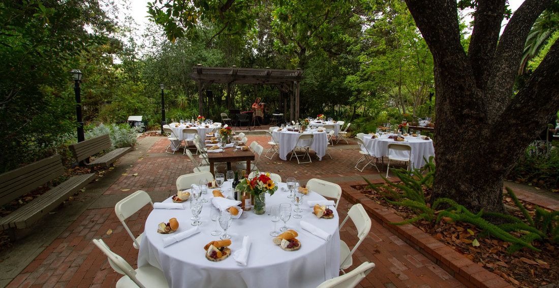 A patio with tables and chairs set up for a wedding reception.