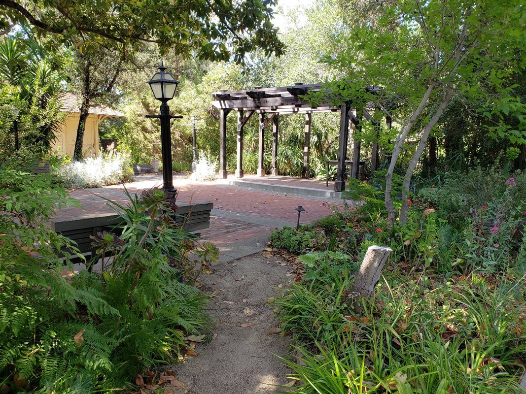 A path leading to a gazebo in a park surrounded by trees and ferns.