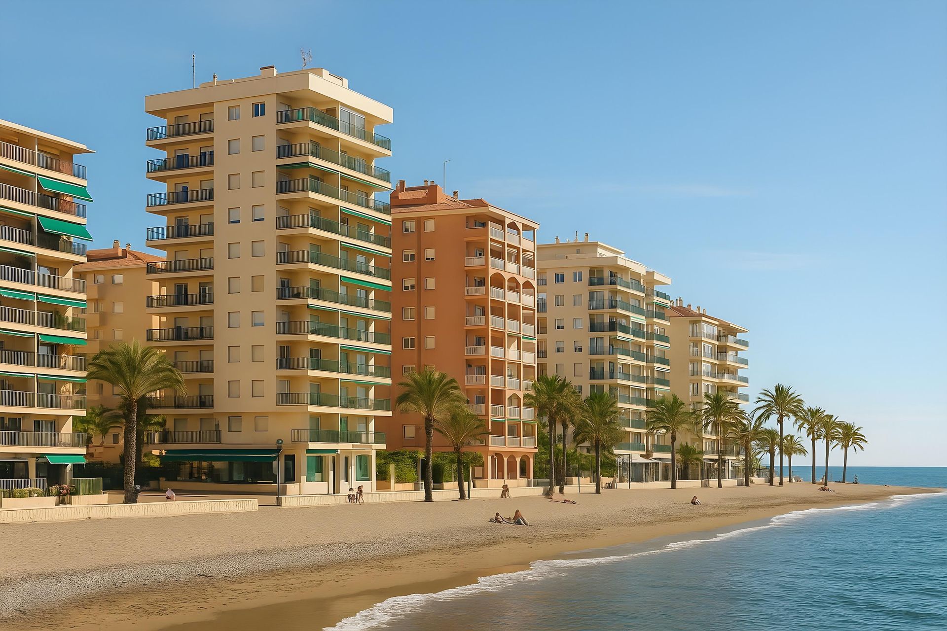 Una playa con muchos edificios y palmeras de Málaga.