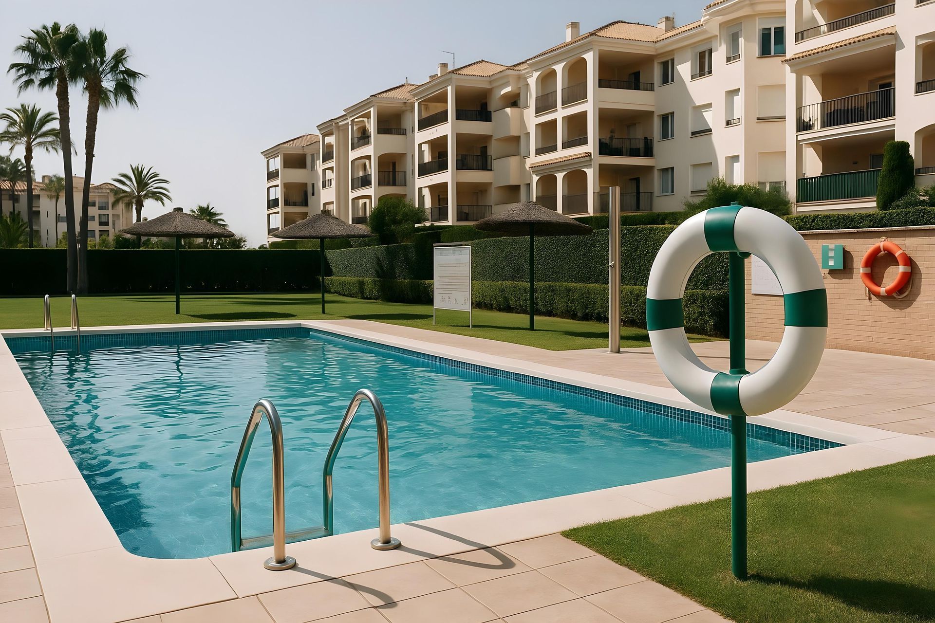 Una piscina con salvavidas frente a una urbanización en Málaga.