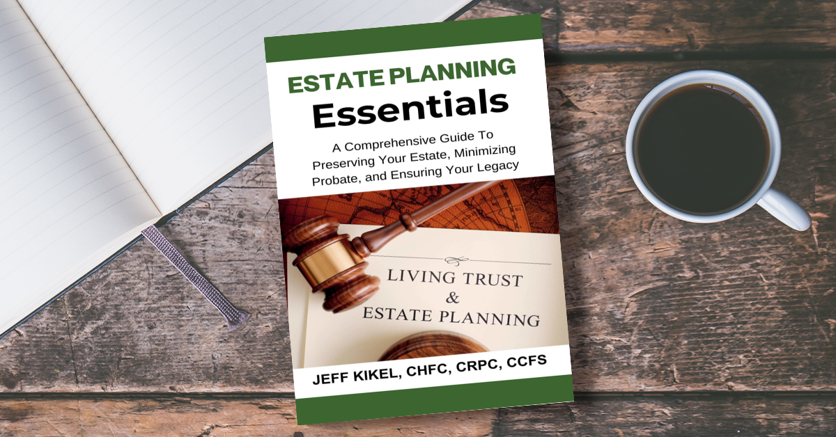 A book titled long-term care essentials is sitting on a wooden table next to a cup of coffee.