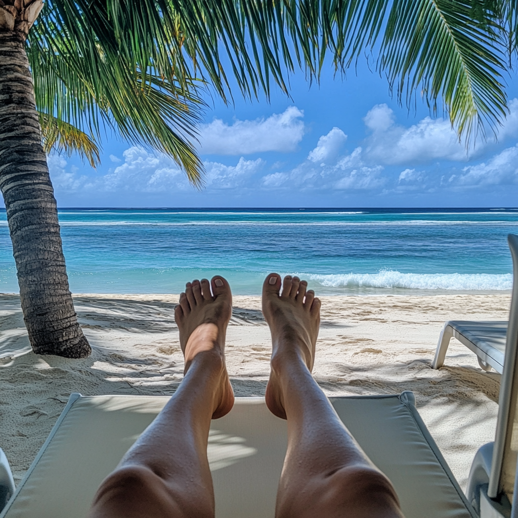 A person is laying on a beach chair with their feet up and looking at the ocean.