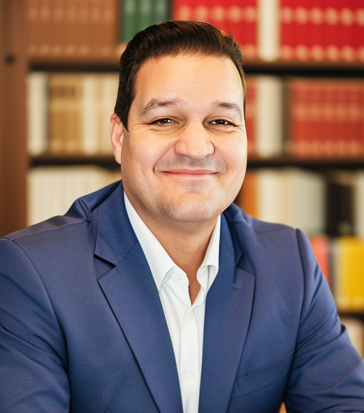 A man in a blue suit is smiling in front of a bookshelf