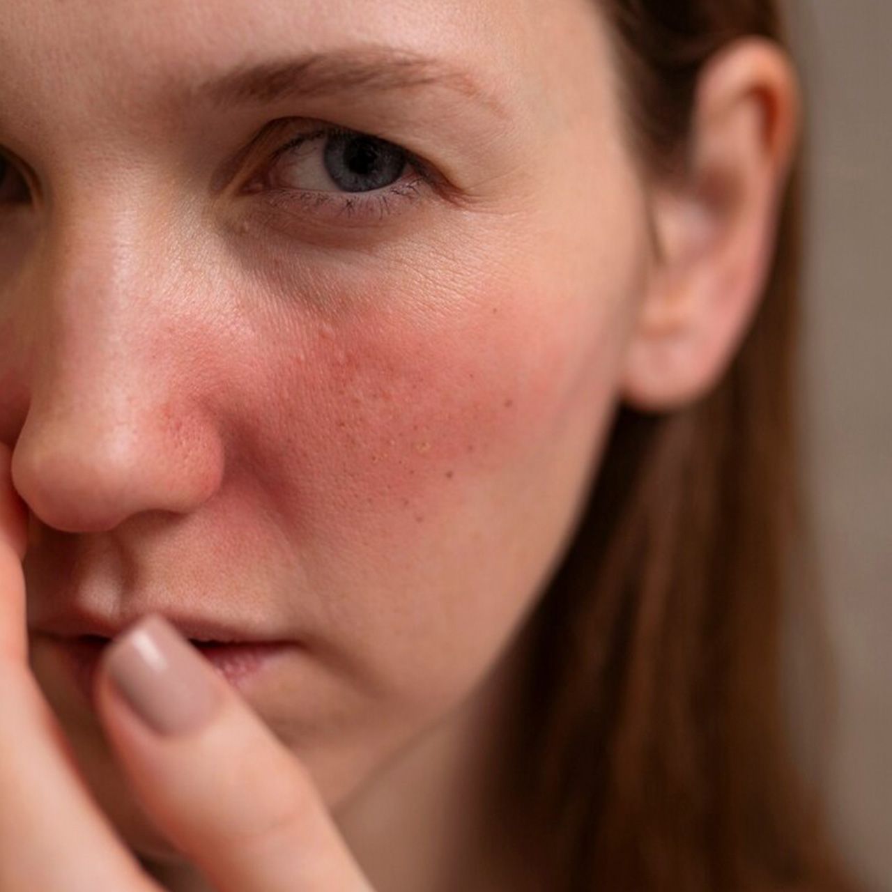 A woman with red cheeks is covering her mouth with her hand.