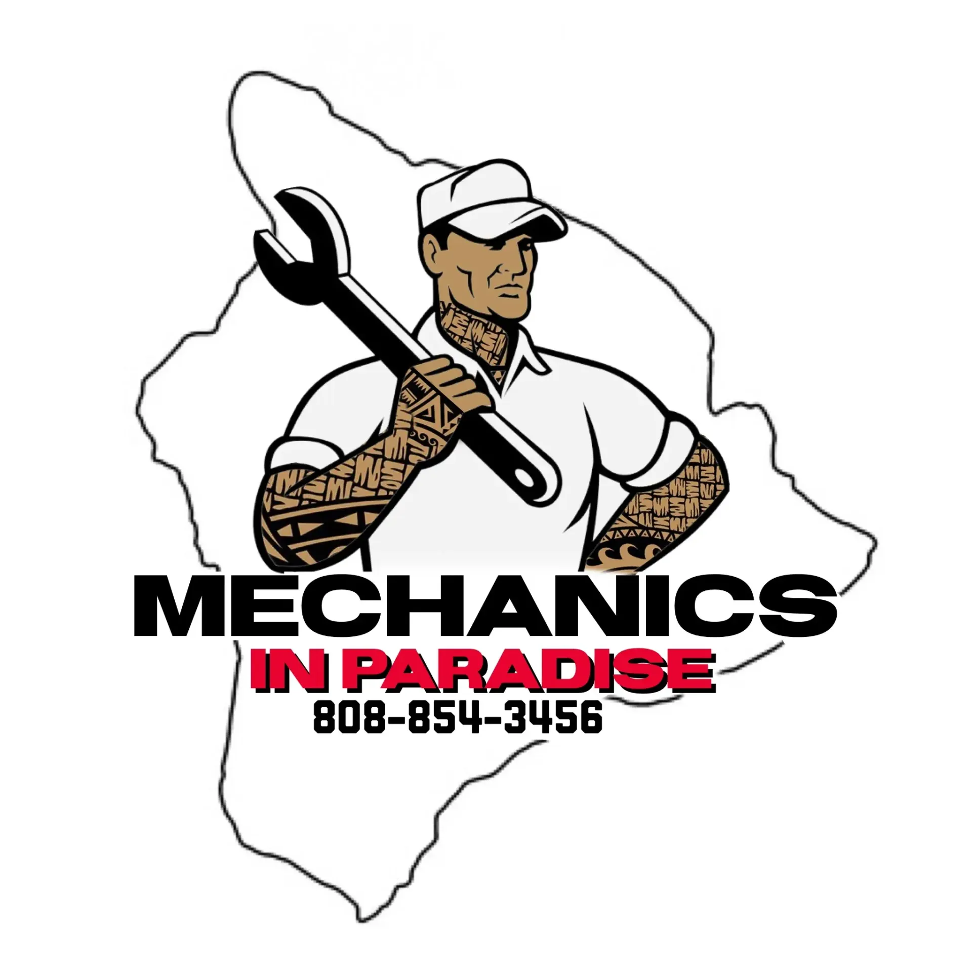 The logo for mechanics in paradise shows a man holding a wrench.
