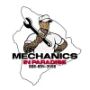 The logo for mechanics in paradise shows a man holding a wrench.